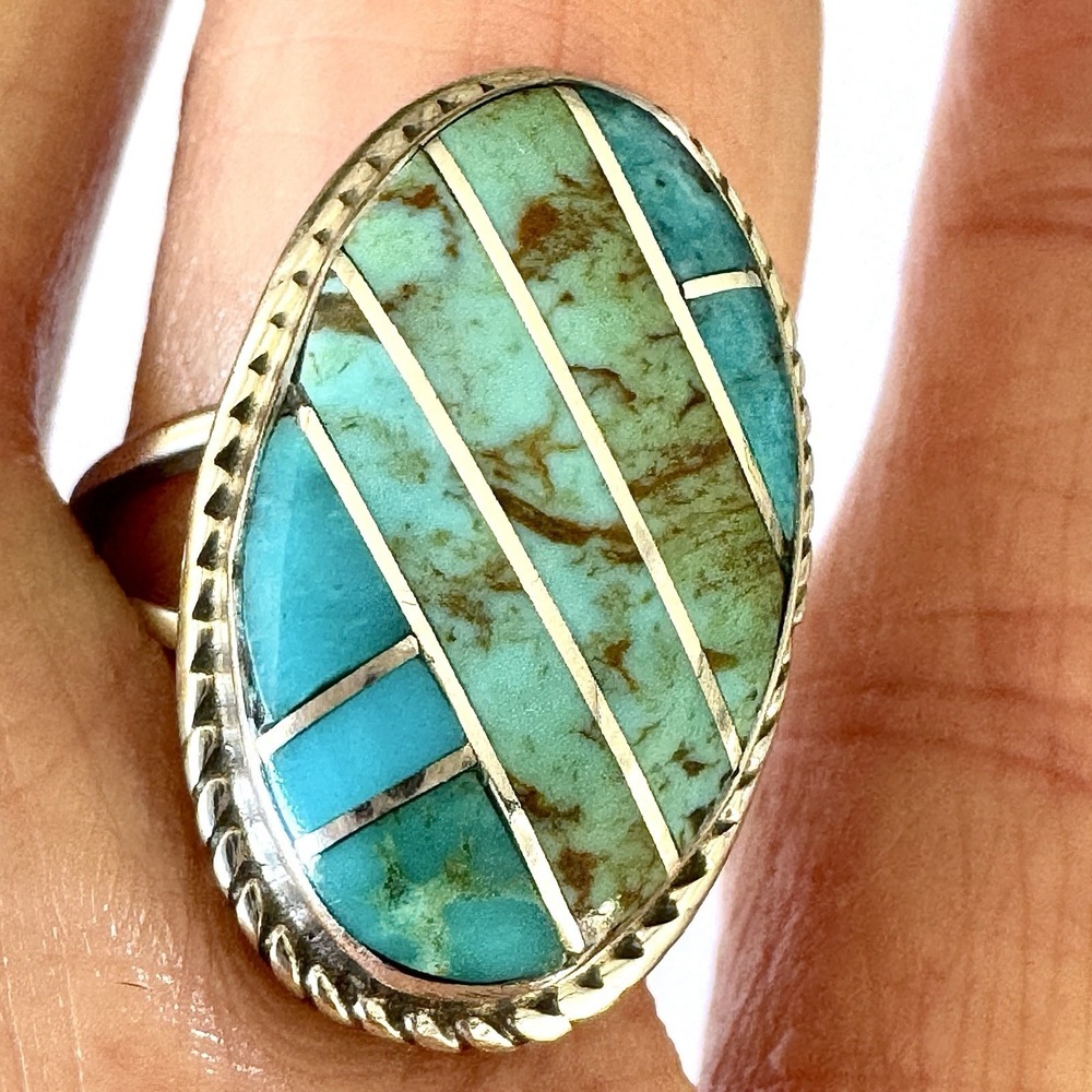 Navajo Ring Sz 8 Mixed‎ Turquoise Inlay Signed D Noble Sterling Native American